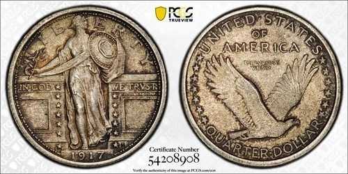 1917年 スタンディング・リバティ・クォーター 25セント タイプ1 PCGS MS 63FH-フルヘッド、ゴールドシールド 158,950円