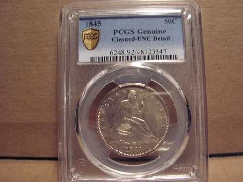 1845年 - P 着席リバティハーフドル。PCGS UNC。細部クリーニング済み。
