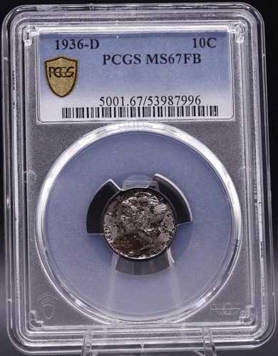 1936年-D マーキュリーダイム PCGS MS67FB フルバンド トーンシルバー セミキーデイトコイン