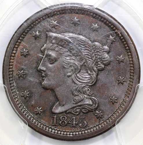 1845年 1セント N-4 編み込みヘア ラージセント PCGS MS 62 BN