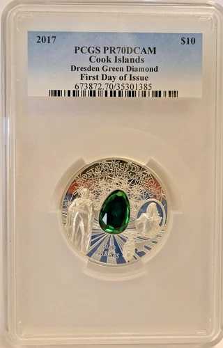 2017年 PCGS PR70 DCAM クック諸島 ドレスデン グリーン ダイヤモンド FDI 10ドル 銀貨