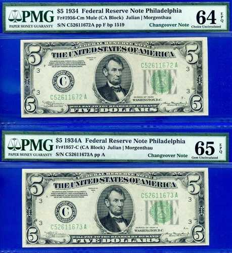 1934 1934A 5ドル連邦準備銀行券 PMG 64 65EPQ 切り替え Fr 1956-Cm Fr 1957-C