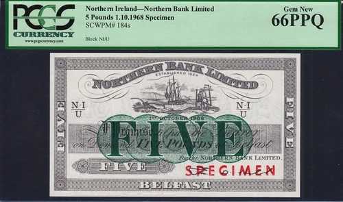 北アイルランド 5ポンド 標本 1968年 Pick-184s Gem UNC PCGS 66 PPQ