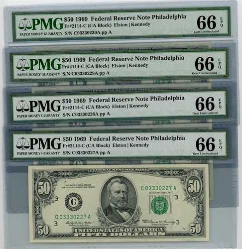 Fr. 2114-C $50 1969年連邦準備銀行券 4連続66 EPQ PMG DC-2598