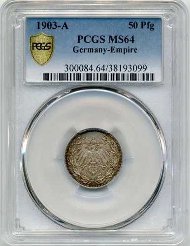 希少 1903-A 50 ペニヒ ドイツ帝国、ヴィルヘルム2世小盾 - PCGS MS64