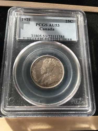 1921年 PCGS 鑑定済み カナダ 25 セント硬貨、**AU-53** #1384