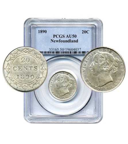 1890年ニューファンドランド20セント硬貨 - ほぼ未使用、PCGS AU50|WORLD RESOURCE【QUEEN店】