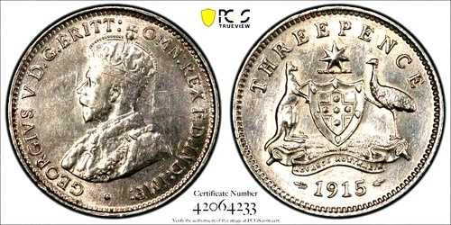オーストラリア 1915 スリーペンス 非常に希少、ミントコンディション低、キーデート PCGS aUNC グレーディング済み