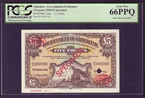 ジブラルタル P-19 aS. 1965 5ポンド - 見本 - 赤色オーバープリント。PCGSホルダー入り UNC
