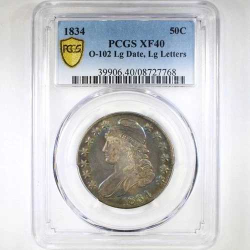 1834年 50C O-102 Lg Date PCGS XF40 - レインボートーン - キャップドバストハーフダラー