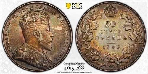 1906年カナダ50セント銀貨 PCGS AU50