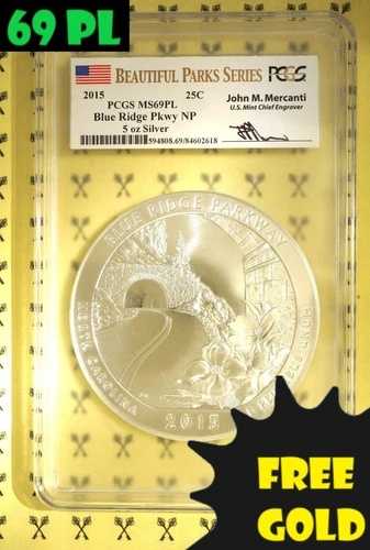 2015年 ブルーリッジパークウェイ 5オンス シルバー クォーター PCGS MS 69 PL メルカンティ ゴールド無料付*