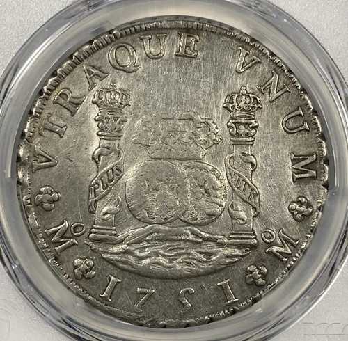 1751年-MOメキシコ銀貨8レアル。8枚重ね。PCGS AU詳細。柱状。