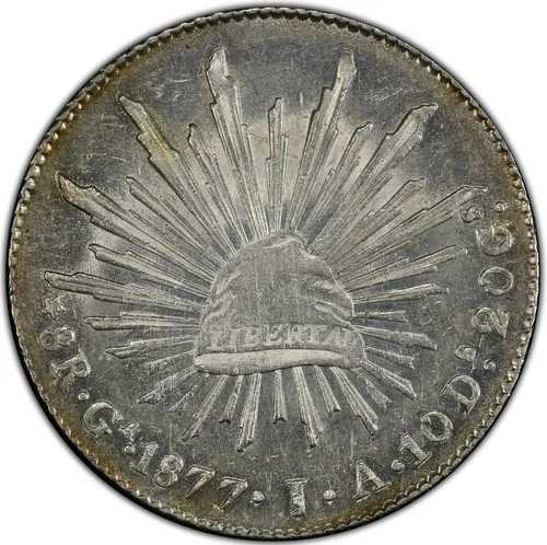 メキシコ シルバー 8レアル 1877/6-Ga JA グアダラハラ造幣局 PCGS MS-61! 極めて希少!