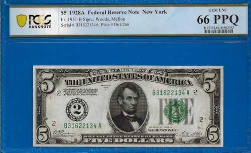 1928A 5ドル連邦準備銀行券 PCGS 66PPQ ニューヨーク 2番目に高いグレード Fr 1951-B