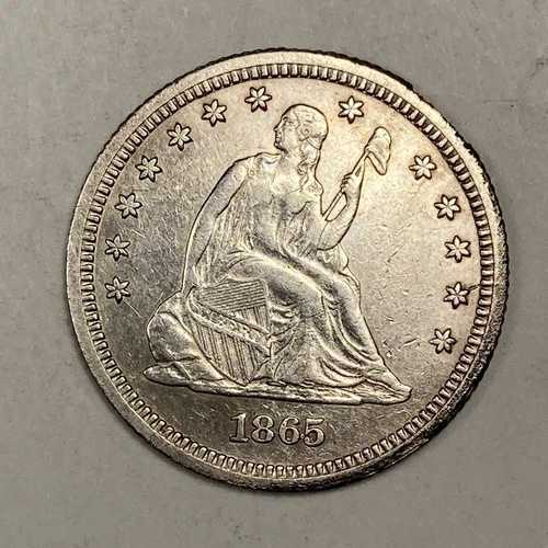 1865年製 自由の女神像 25セント硬貨。非常に鮮明なディテール。魅力的なエクストラファイン。