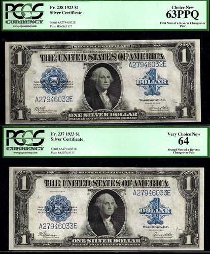 1923年 1ドル銀貨証明書 PCGS 64, 63PPQ リバースチェンジオーバー Fr 238 Fr 237