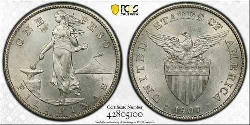 アメリカ フィリピン 1907-S 1ペソ PCGS MS 61
