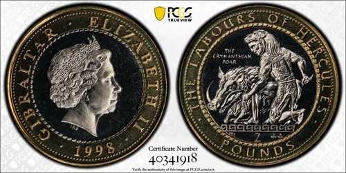 ジブラルタル 1998年 2ポンド ヘラクレス エリュマントス猪 PCGS MS 67 トップポップ 希少|WORLD RESOURCE【QUEEN店】