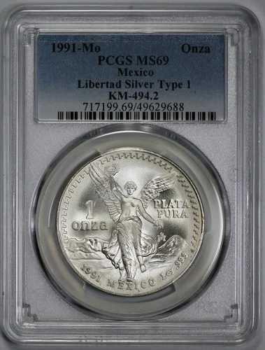 1991年- MO メキシコ 1オンス シルバー リベルタッド オンザ PCGS MS 69 タイプ1｜WORLD RESOURCE【QUEEN店】