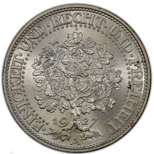 1927年A ドイツ オークツリー 5マルク - PCGS MS 66 ジェム - クラシックワールドコイン - ハイグレード