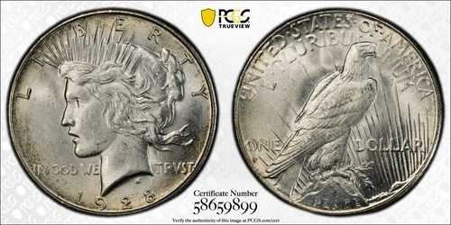 1928年 ピースドル PCGS チョイス MS63 エクセレント グローイングホワイトシルバー サテン ストロング