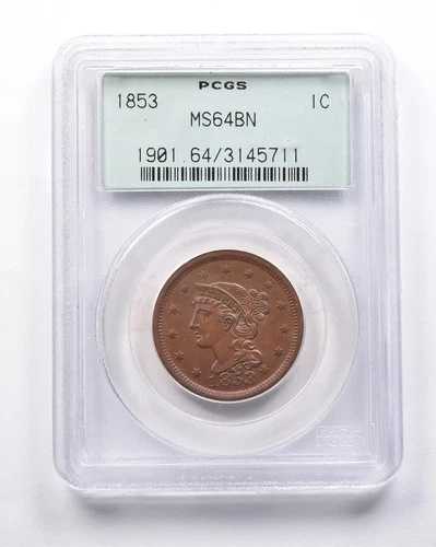 MS64 BN 1853 リバティヘッド 編み込みヘア ラージセント PCGS OGH *6946