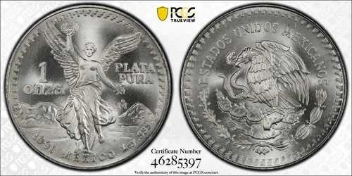 1991 Mo PCGS MS69 タイプ 1 - メキシコ - 1 オンス シルバー リベルタ オンザ #46510A
