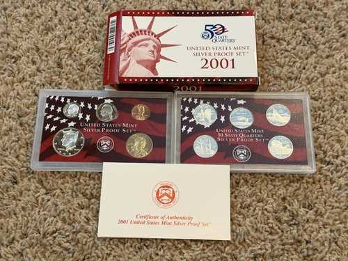 2001 年シルバー プルーフ コイン セット、米国造幣局パッケージ、OGP COA 付属!!!