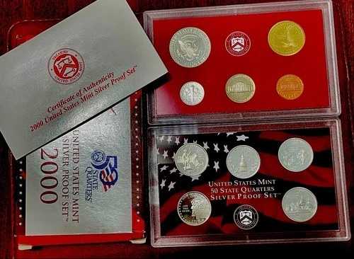 2000年米国造幣局シルバープルーフセット（箱とCOA付き、10枚セット）