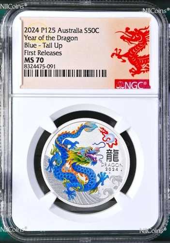 2024年 シルバー 太陰暦 龍年 NGC MS70 1/2オンス コイン カラー ブルー - テールアップ