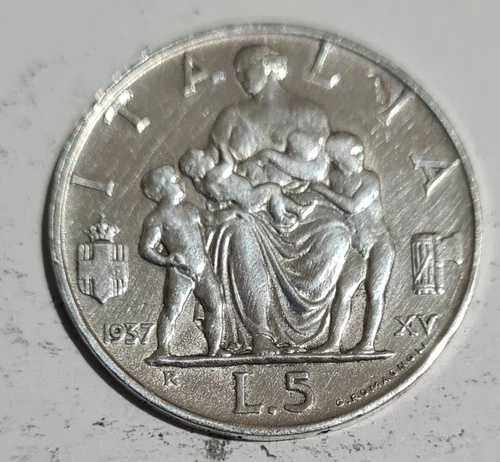 完全セット、イタリア、ヴィットリオ エマヌエーレ 3 世、5 リラ、1936 & 37 シルバー レア 2 コイン