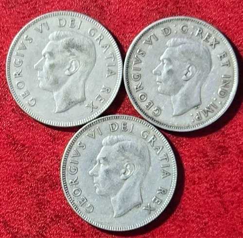 カナダ 50セント銀貨3枚セット ~ 国王ジョージ6世 - 1944年、1950年、1951年