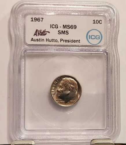 1967年ルーズベルト・ダイムICG - MS69 SMS。スペシャルミントセット。10セントオースティン・ハットー直筆サイン入り