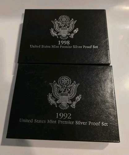 1992年および1998年米国造幣局プレミアシルバープルーフセット（箱と書類付き）