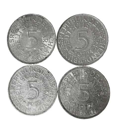 ドイツ 1972年 D、F、G、J - 5マルク -- UNC。0.625 シルバー 4枚セット KM #112.1