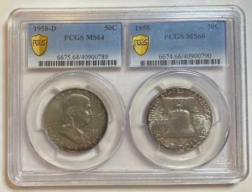 1958年および1958年Dベン・フランクリン銀貨ハーフドルセット50セントPCGS MS 64/MS 66 TRUEVIEW