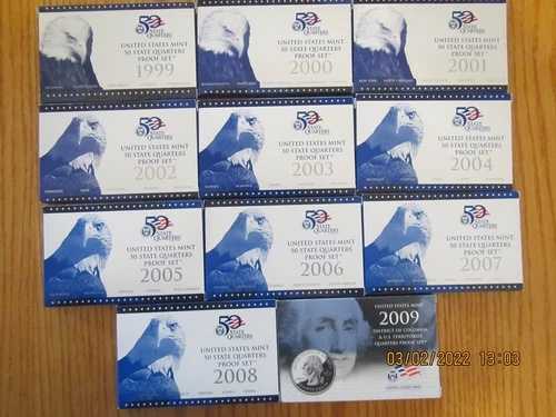 1999年から2009年 S 米国造幣局 50州 クォーター プルーフ コンプリートセット 11枚セット