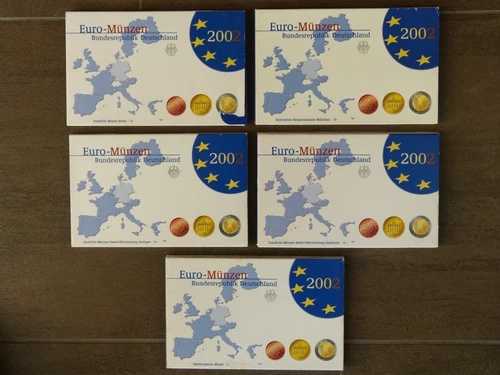 5 x FRG ユーロコインセット 2002 A D F G J ユーロ導入 完全プルーフ/プルーフ-