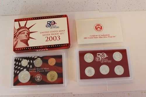 2003年 S 米国造幣局 シルバー プルーフ セット、州クォーター、箱、COA、コイン 10 枚