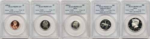 1999-S 5枚組米国プルーフセット グレーディングおよび認定 PR69 DCAM PCGS 1C 5C 10C 25C 50C