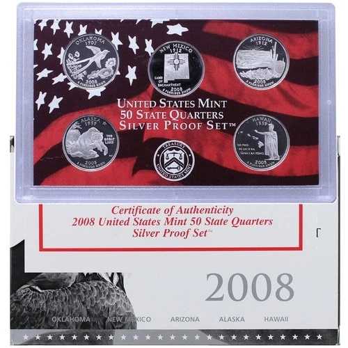 2008年 Sプルーフ ステートクォーターセット 90%シルバー OGP & COA 5枚
