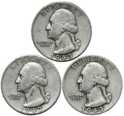 1943年 & 1943-D 1943-S ワシントン シルバー クォーター コイン 3枚セット！素敵なセットです！