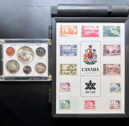 1967年カナダ連邦コレクター切手ケース（切手とコイン6枚入り）