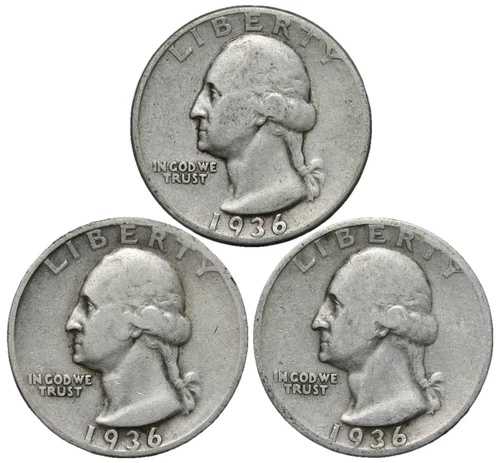 1936年、1936-D、1936-S ワシントン シルバー クォーター コイン 3枚セット！初期の貴重なコインです！
