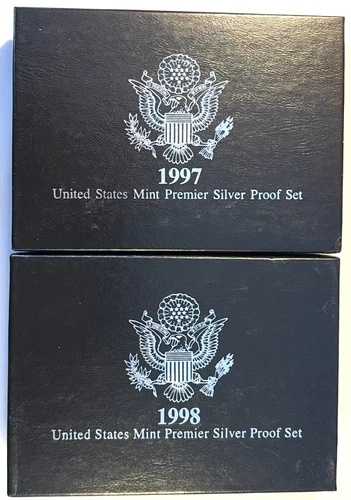 1997 年および 1998 年の米国造幣局シルバー プレミア セット (2)、OGP、COA 付き、送料無料!