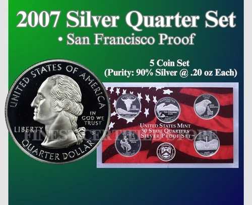 2007 年州 25 セント シルバー プルーフ コイン 5 枚セット、米国造幣局ホルダー入り。