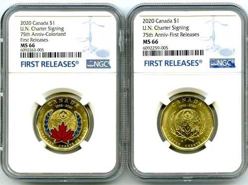 2020年 1ドル カナダ NGC MS66 国連憲章 ルーニー ルーニー ドル マッチド 2枚セット - FR