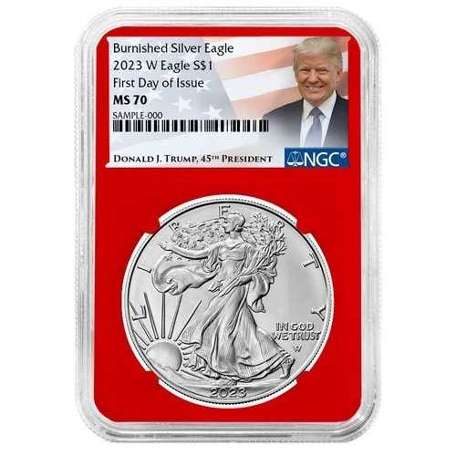 2023-W $1 1オンス バーニッシュド アメリカン シルバー イーグル NGC MS70 FDI トランプラベル レッドコア