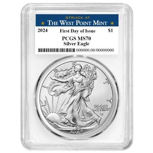 2024年 1ドル 1オンス アメリカンシルバーイーグル PCGS MS70 FDOI ウェストポイントラベル ホワイトフレーム